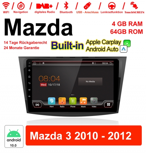9 pouces Android 10.0 autoradio / multimédia 4Go de RAM 64Go de ROM pour Mazda 3 2010-2012 avec Navi Bluetooth WIFI intégré Carplay Android Auto