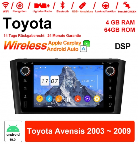 7"Android 10.0 Octa-core 4Go RAM 64Go ROM Autoradio/Multimédia pour Toyota Avensis 2003~2009 Mit WiFi NAVI Bluetooth USB intégré Carplay Android Auto