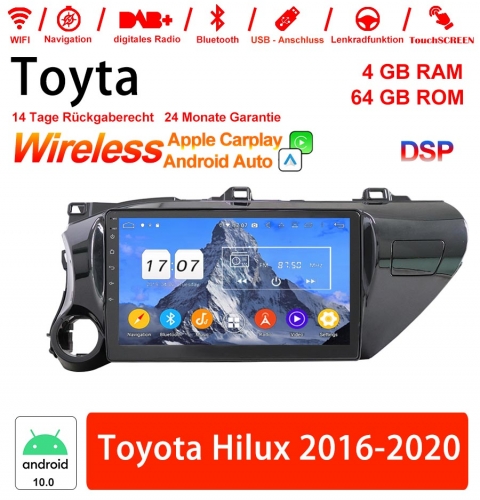 10 pouces Android 10.0 Autoradio/ multimédia 4 Go de RAM 64 Go ROM pour Toyota Hilux 2016-2020 avec WiFi NAVI Bluetooth USB intégré Carplay / Android