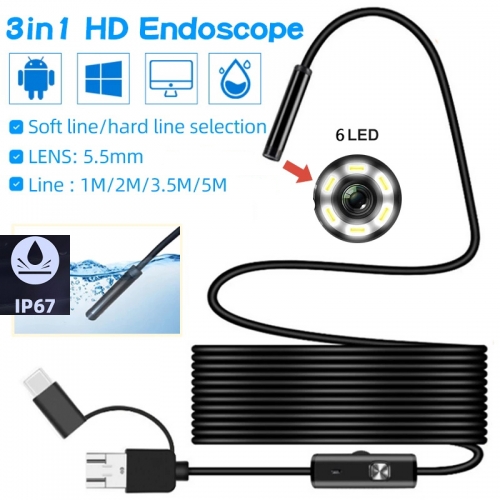 5.5mm Endoscope de caméra d'objectif HD IP67 Tube flexible dur Mirco USB Type-C Endoscope Inspection vidéo pour Android Endoscope