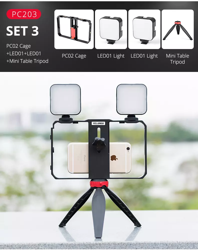 YELANGU PC203 Vlogging Live Broadcast LED Selfie Light Smartphone Video Rig Kit avec trépied