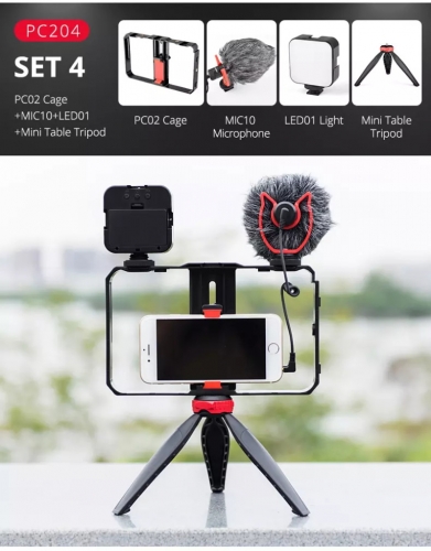 YELANGU PC204 Live Broadcast LED Selfie Light Vlog Video Rig Kits avec Microphone Trépied
