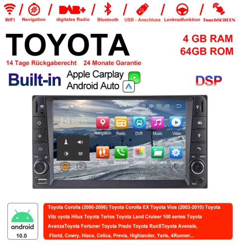 7 pouces Android 10.0 autoradio / multimédia 4GB RAM 64GB ROM pour Toyota Corolla Vios Terios Land Cruiser Avanza RunX Carplay / Android Auto intégré