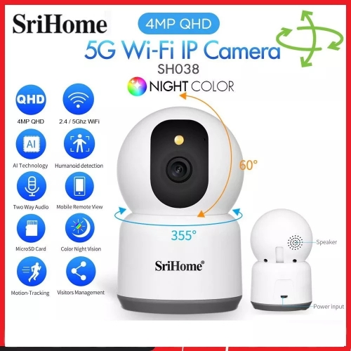 Srihome SH038 4.0MP Q-HD 2.4G/5G double bande Wifi IP sans fil Starlight caméra 2 voies Audio nuit couleur Surveilla CCTV PTZ caméra avec 128Go carte